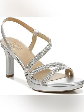 Naturalizer Brenta2 Metallic Silver Rhinestone Slingback Sandal Heels Wide Width